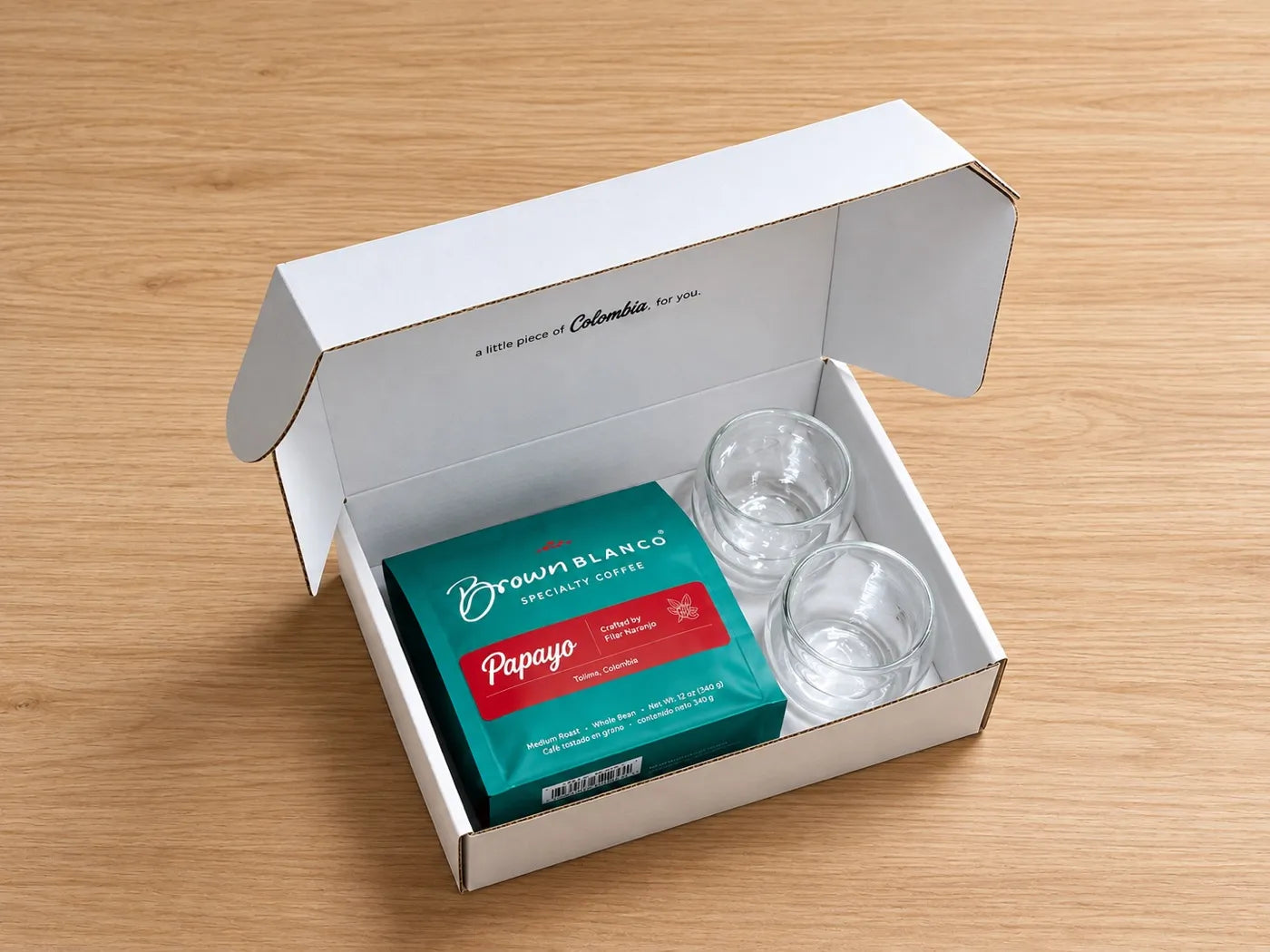 Brown Blanco holiday coffee gift box with Colombian specialty coffee and espresso cups