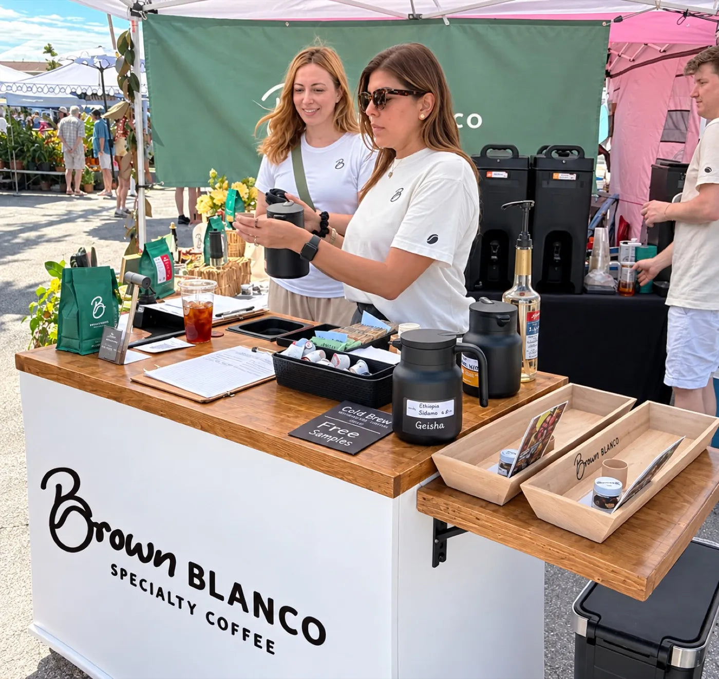 Brown Blanco coffee cart serving specialty coffee at an event