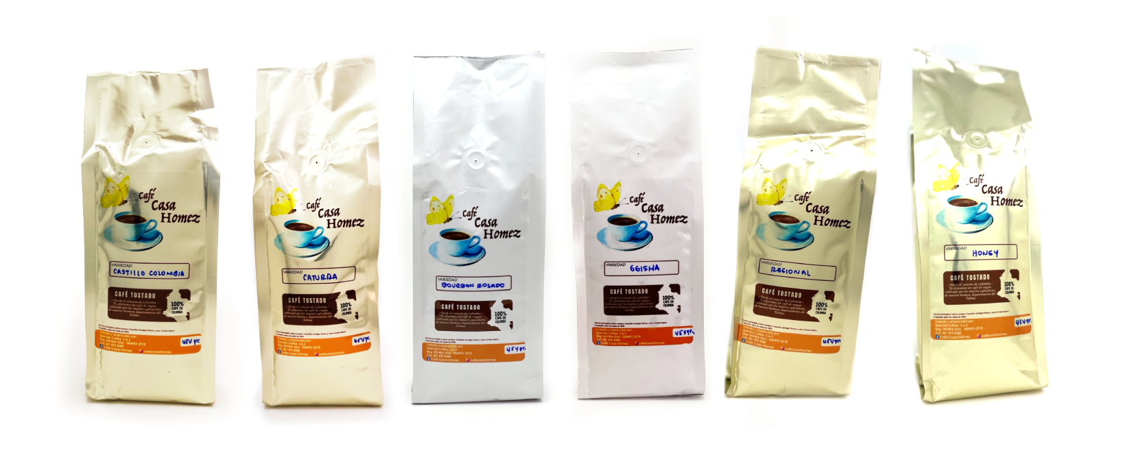 Image of a lineup of 1 pound coffee bags, each a different variety.